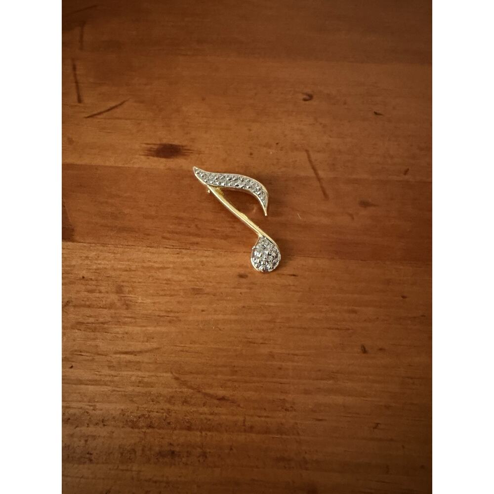 Vintage Gold Tone Musical Note Brooch Rhinestone Eighth Note Music Lover Pin